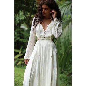 Free People Free-est Lacie Maxi Dress Gauze Bell Sleeve Lace Cutout L New 283147